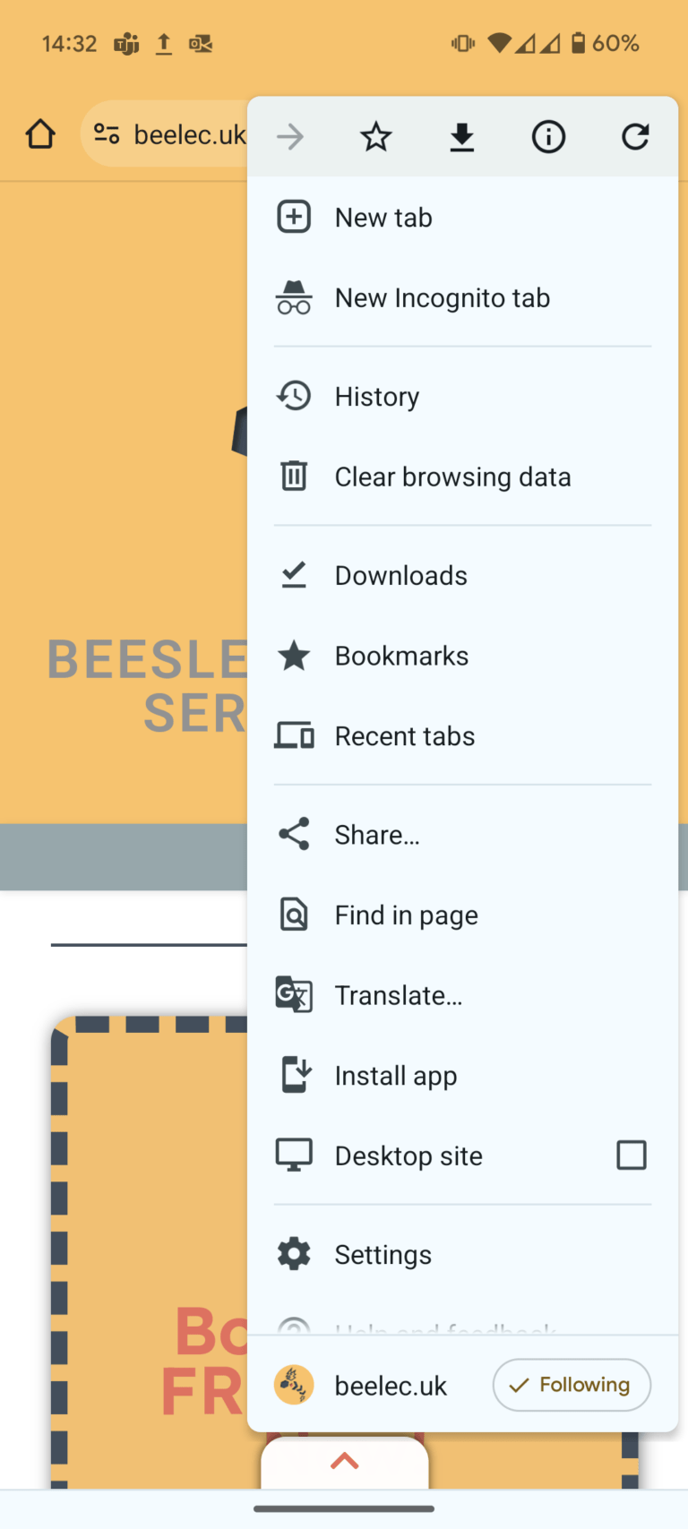 android chrome install BEELEC app from dropdown